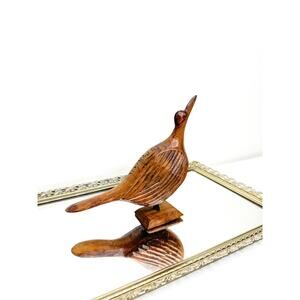Vintage Hand-Carved Wooden Sitting Bird Sculpture, Mid Century Wood Bird Figure